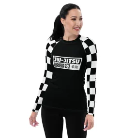 Trendy Training Attire: Checkered Women's Long Sleeve BJJ Rash Guard - Noir Jiu-Jitsu