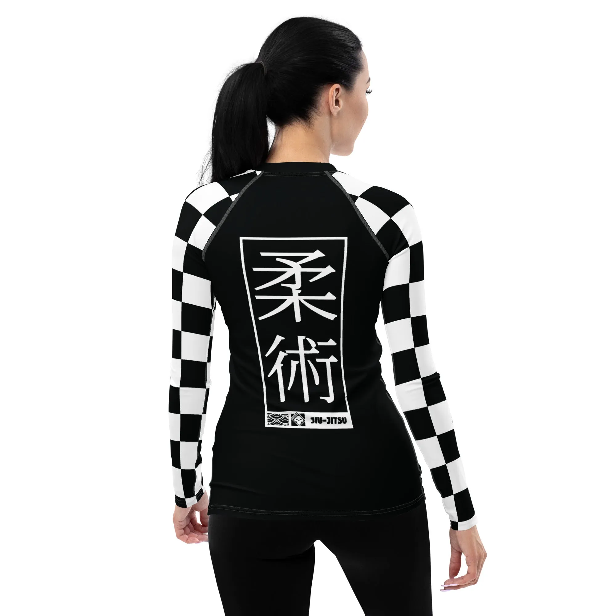 Trendy Training Attire: Checkered Women's Long Sleeve BJJ Rash Guard - Noir Jiu-Jitsu