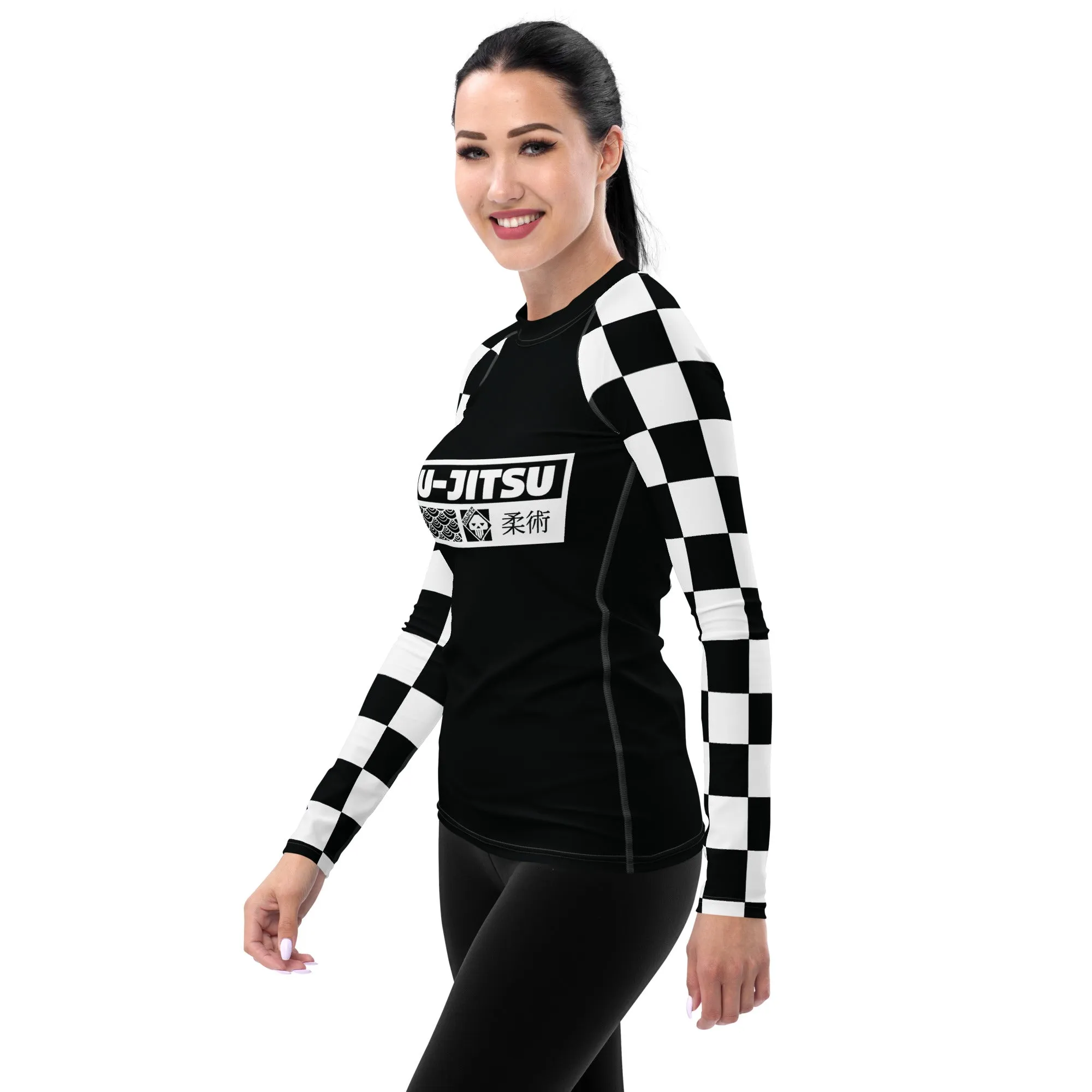 Trendy Training Attire: Checkered Women's Long Sleeve BJJ Rash Guard - Noir Jiu-Jitsu