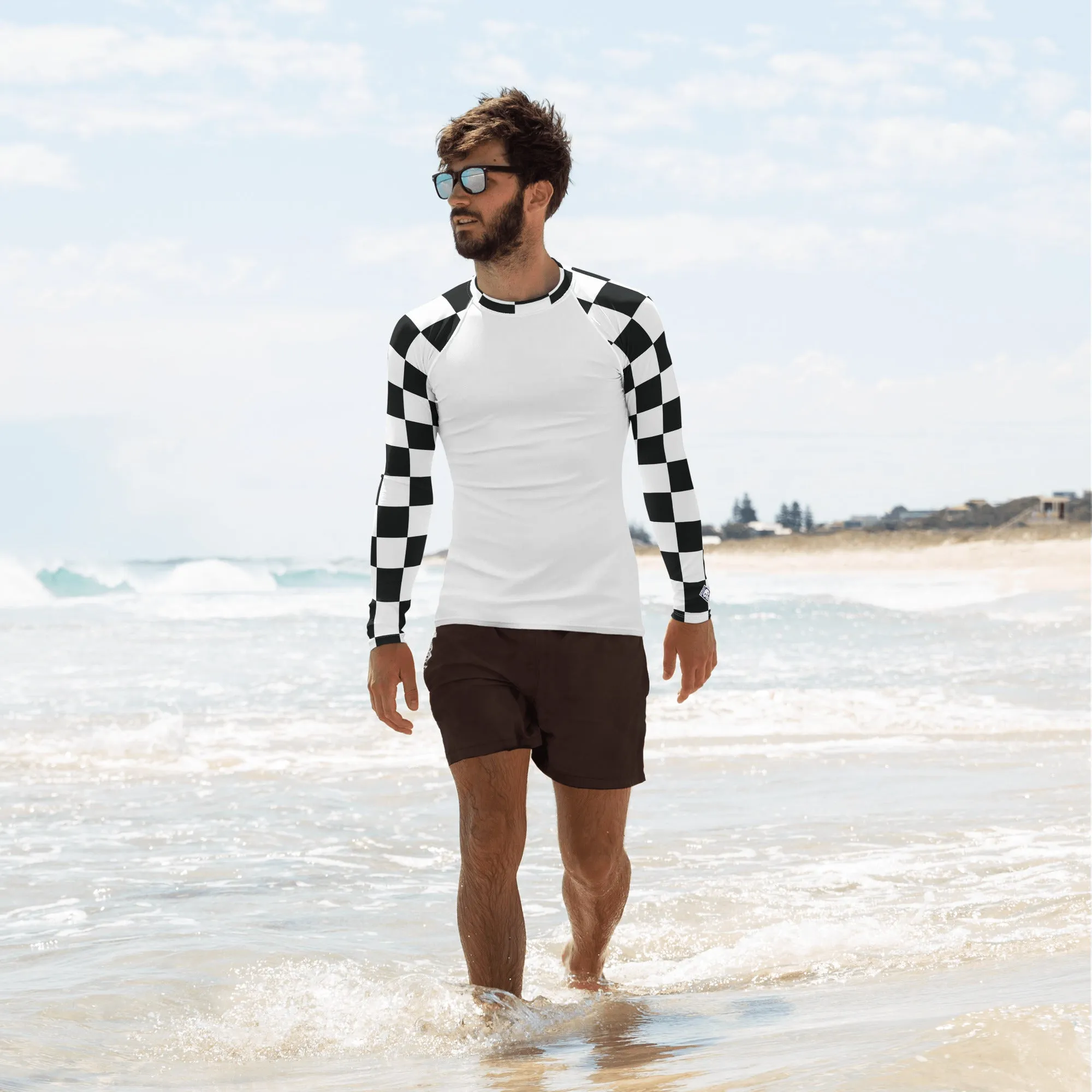 Trendy Training Attire: Men's Checkered BJJ Rash Guard - Blanc