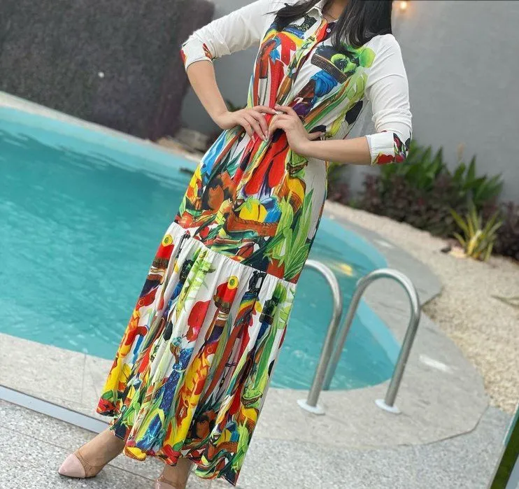 Women's Fashion Long Shirt collar vintage print S4599985